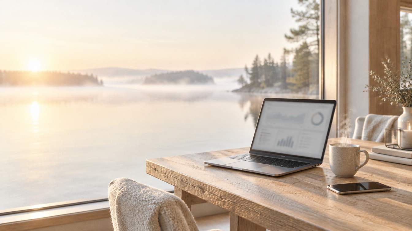A laptop and coffee on a wooden desk by a window over a misty lake at sunrise