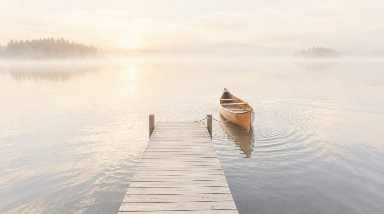 A wooden dock reaching into a still, misty lake with a canoe tied at the end