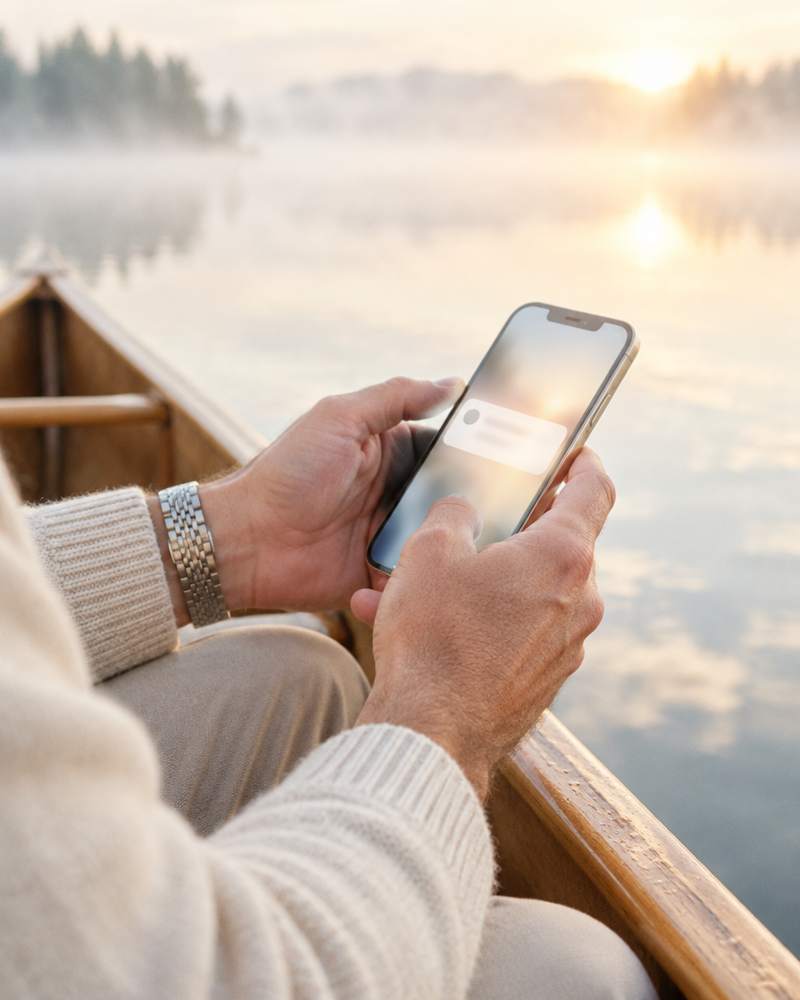 Hands holding a phone over the side of a canoe on a misty lake
